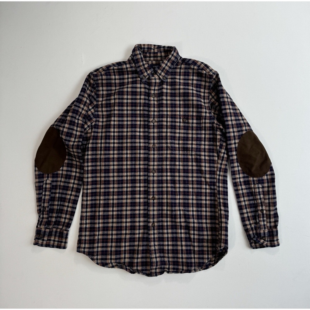 J Crew Men Small Flannel Button Shirt Elbow Patches Navy Brown Plaid Gorpcore